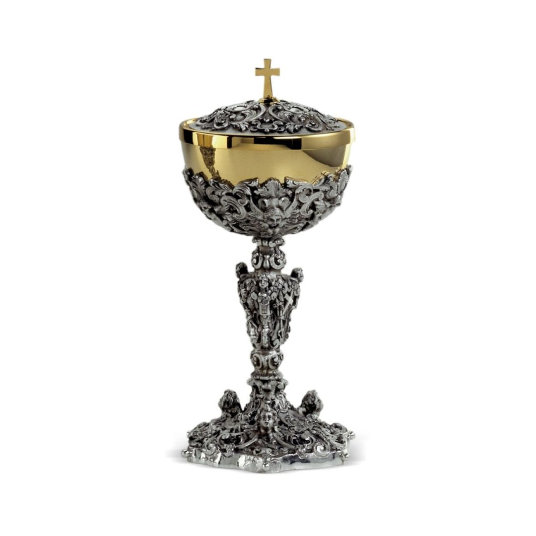 Gothic ciborium with figures of Angels. Silver Two Tone finish. Made by Desta Italy and sold by The Clergy Store