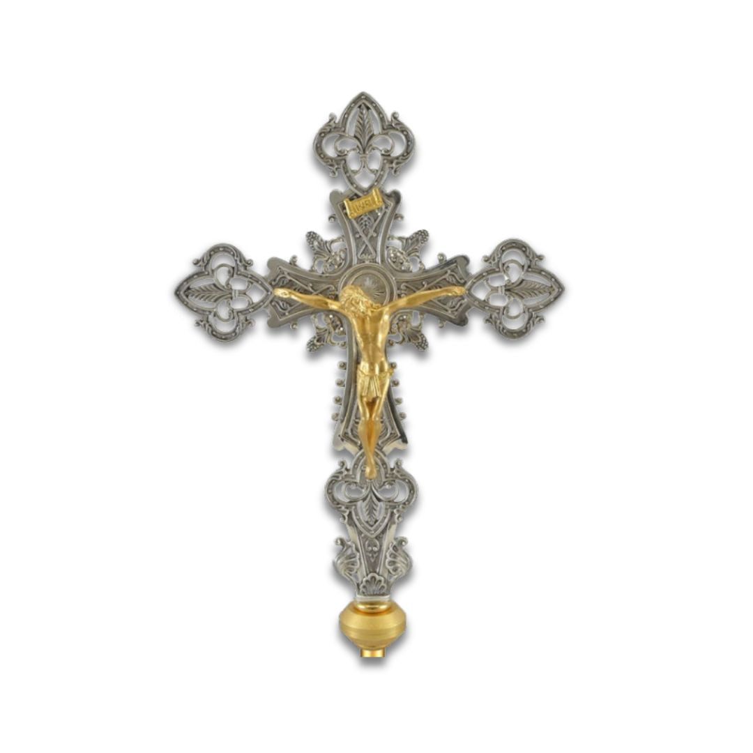 Processional Cross with pole Baroque style in gold or silver finish. Made in Italy and sold by The Clergy Store