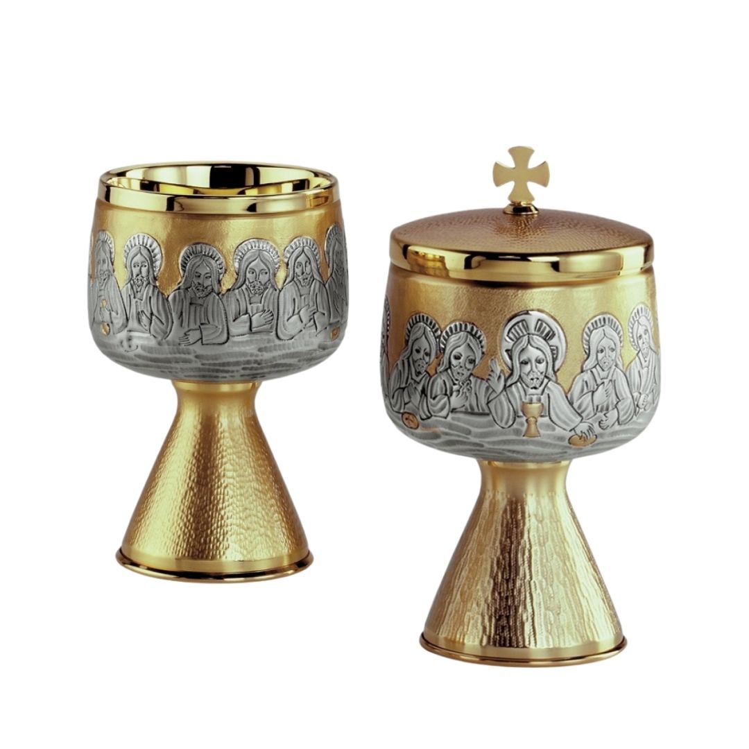 Chalice and Ciborium Set in two tone silver and gold finish with image of the Apostles by Desta Italy and sold by The Clergy Store