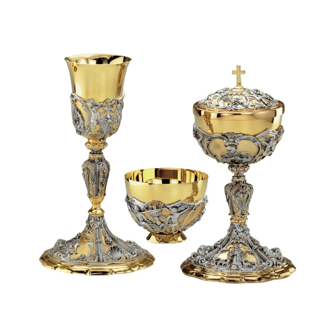 Chalice and Ciborium Set classic in two tone silver and gold finish. By Desta Italy and sold by The Clergy Store