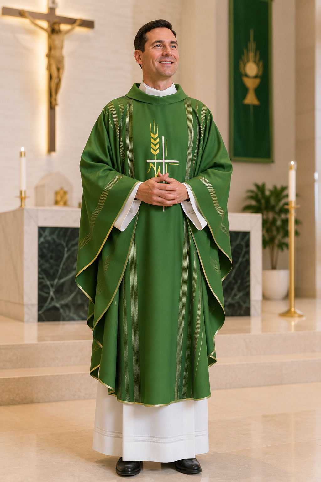 A man wearing a green liturgical vestment with gold trim and a white underlayer stands in a church setting with an altar, candles, and religious wall decor in the background.