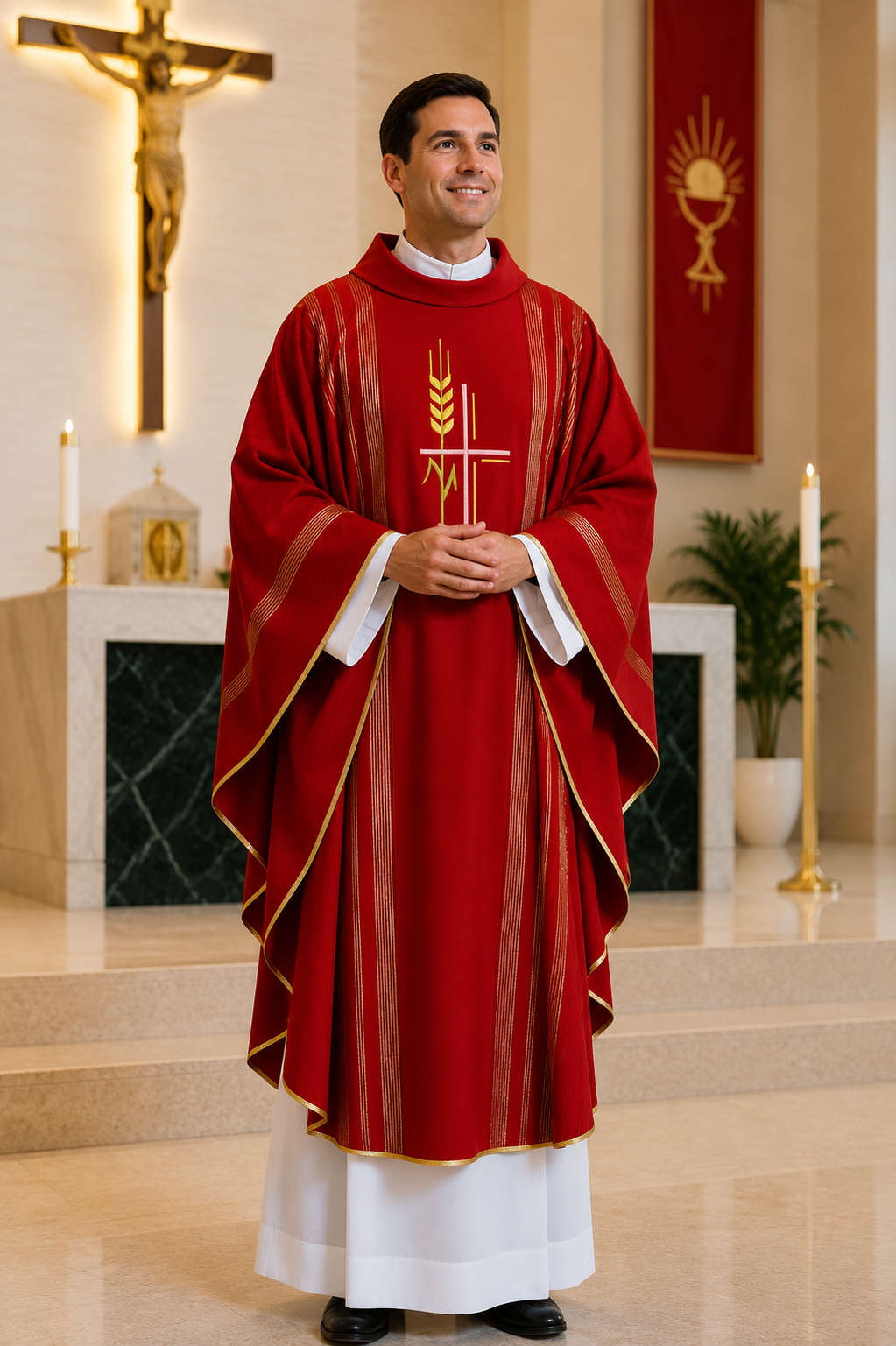 A man wearing a red and gold liturgical vestment with white underlayers stands in a church interior with a crucifix, altar, candles, and decorative banners in the background.