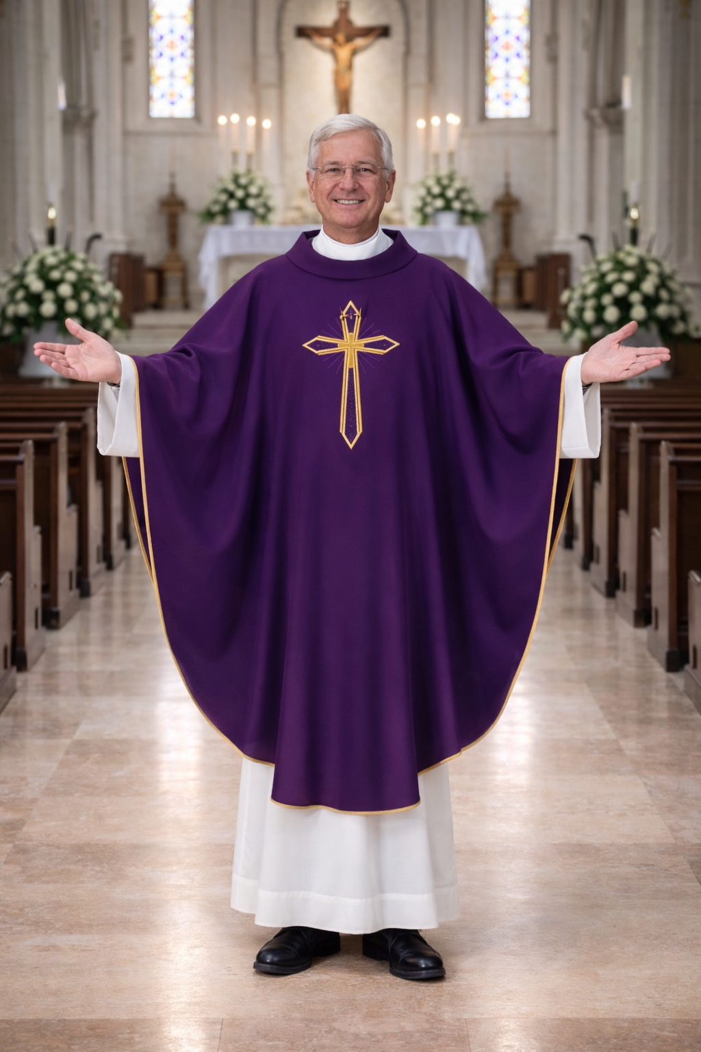 Priest in purple vestment with cross design in a church setting
