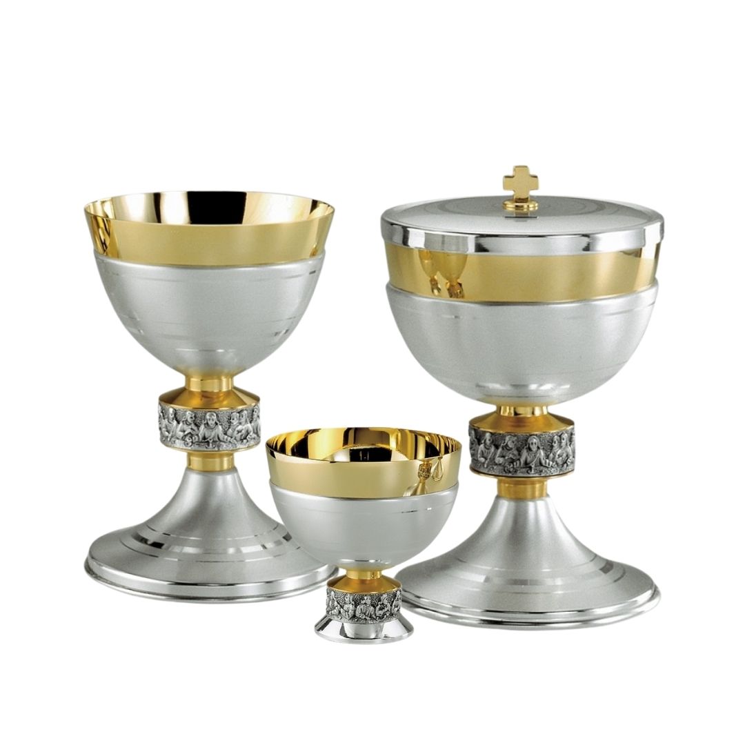 Chalice and Ciborium Set features the Last Supper around the node. Made by Desta Italy and sold by The Clergy Store