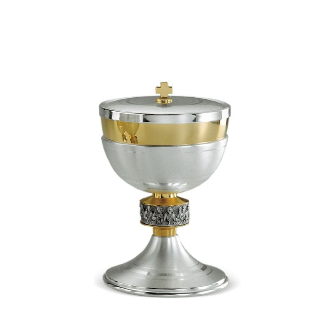 Ciborium features the Last Supper around the node. Made by Desta Italy and sold by The Clergy Store