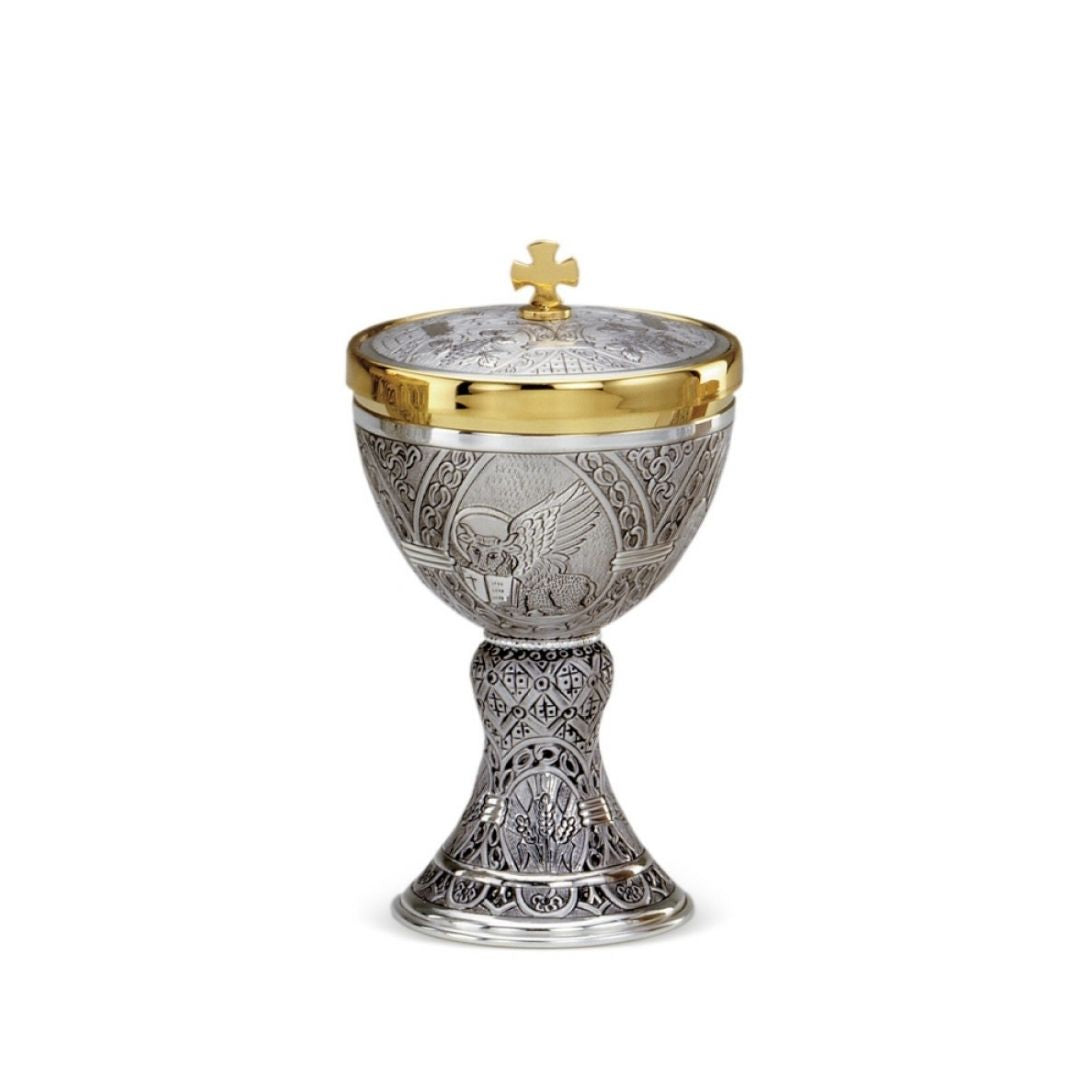 Ciborium hand chiseled images of the Saints. By Desta Italy and sold by The Clergy Store