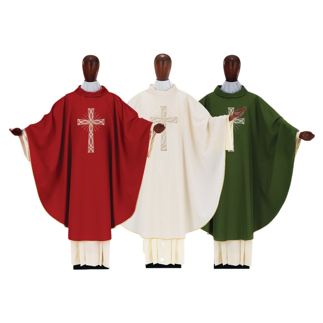 Liturgical chasubles with an embroidered cross.