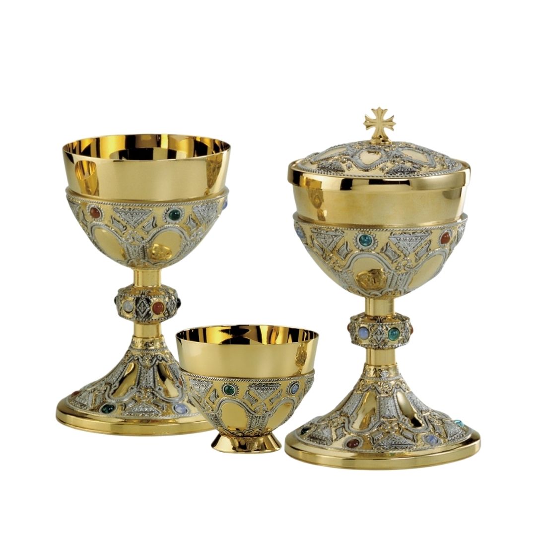Chalice and Ciborium set with semi precious stones by Desta and sold by The Clergy Store
