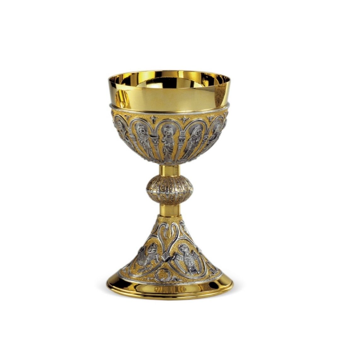 Chalice two tone silver and gold finish with hand chiseled filigree design. By Desta and sold by The Clergy Store