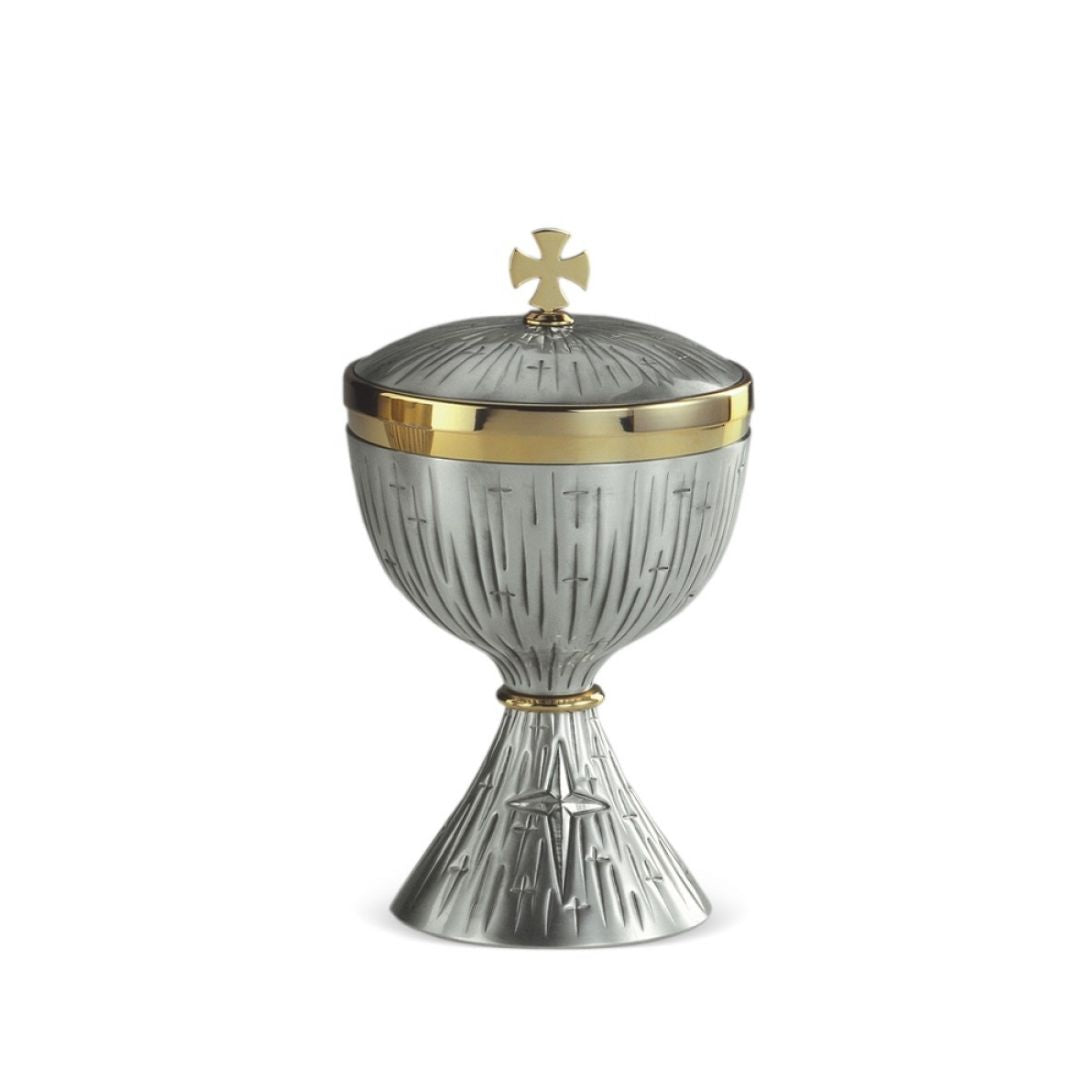 Classic ciborium with hand chiseld crosses. Made in Italy and sold by The Clergy Store
