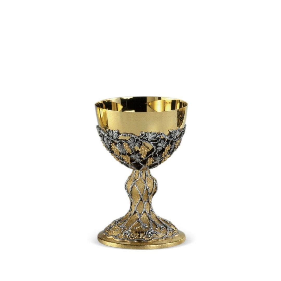 Chalice with intricate hand chiseled filigree two tone silver and gold vines and grapes by Desta Italy and sold by The Clergy Store
