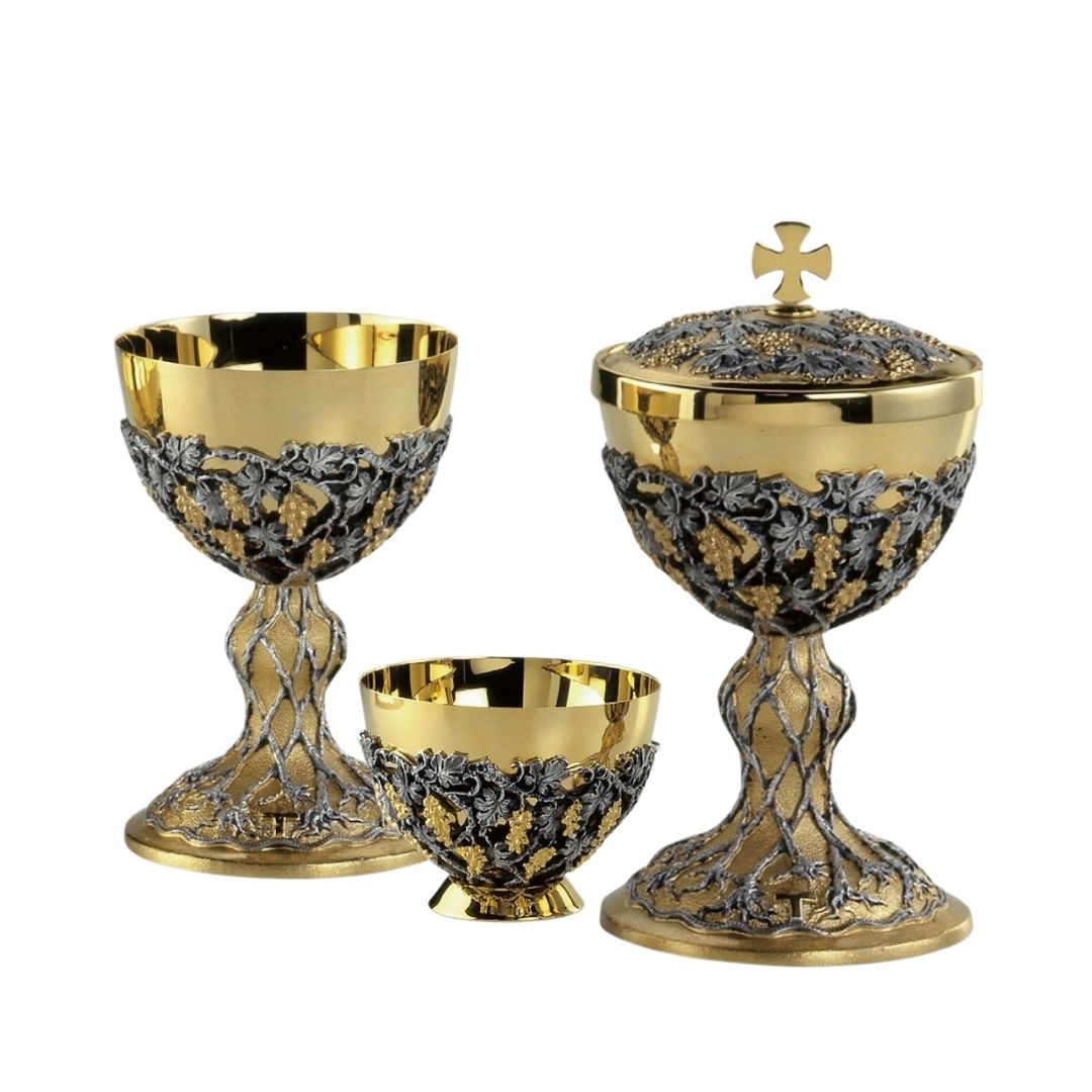 Chalice and Ciborium set with intricate hand chiseled filigree two tone silver and gold vines and grapes by Desta Italy and sold by The Clergy Store
