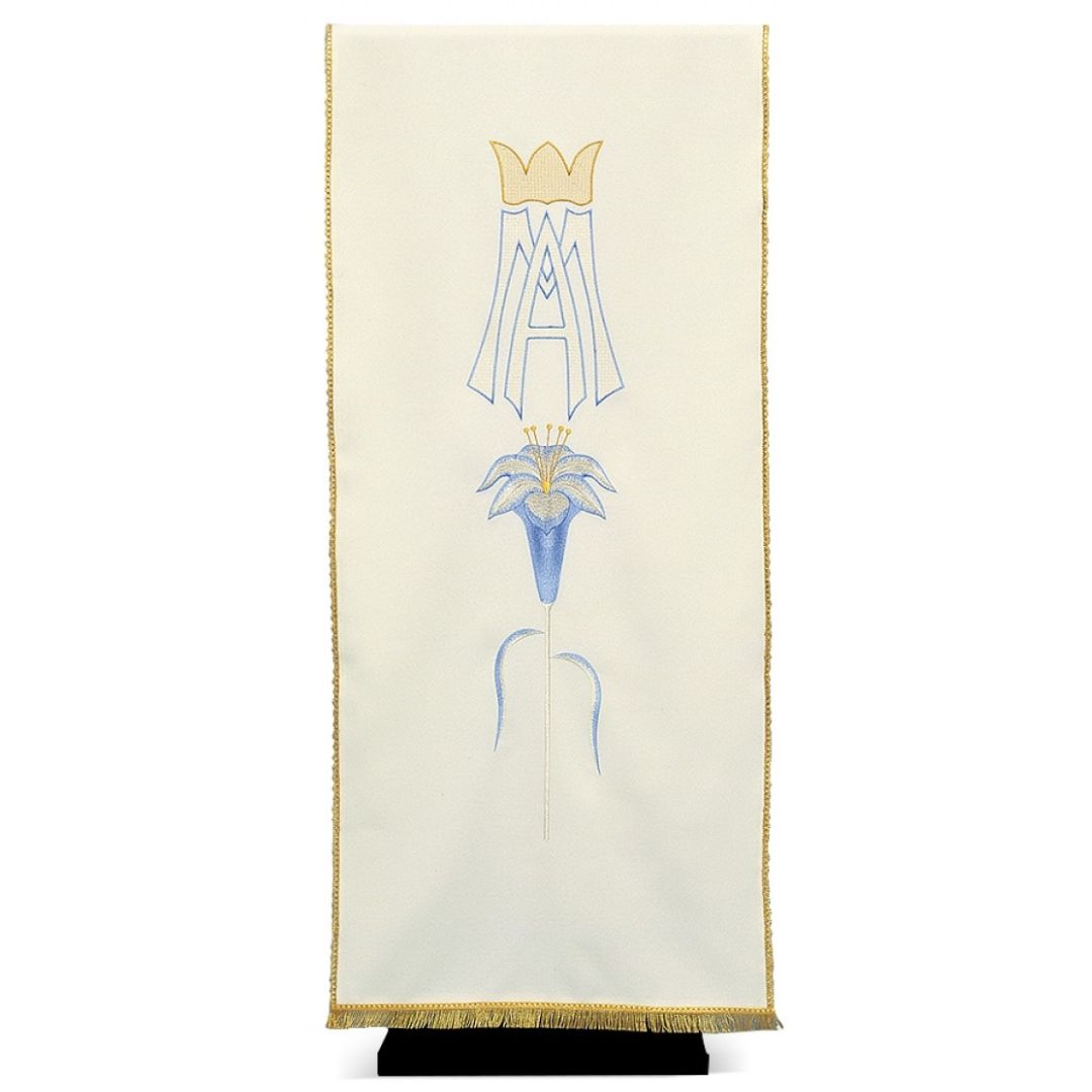 Lectern cover with embroidered Ava Maria with Lilly's design. Made by Desta and sold by The Clergy Store