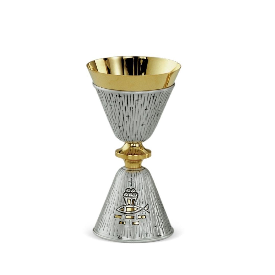 Chalice with hand chisel design of crosess and fish and loaves by Desta Italy and sold by The Clergy Store