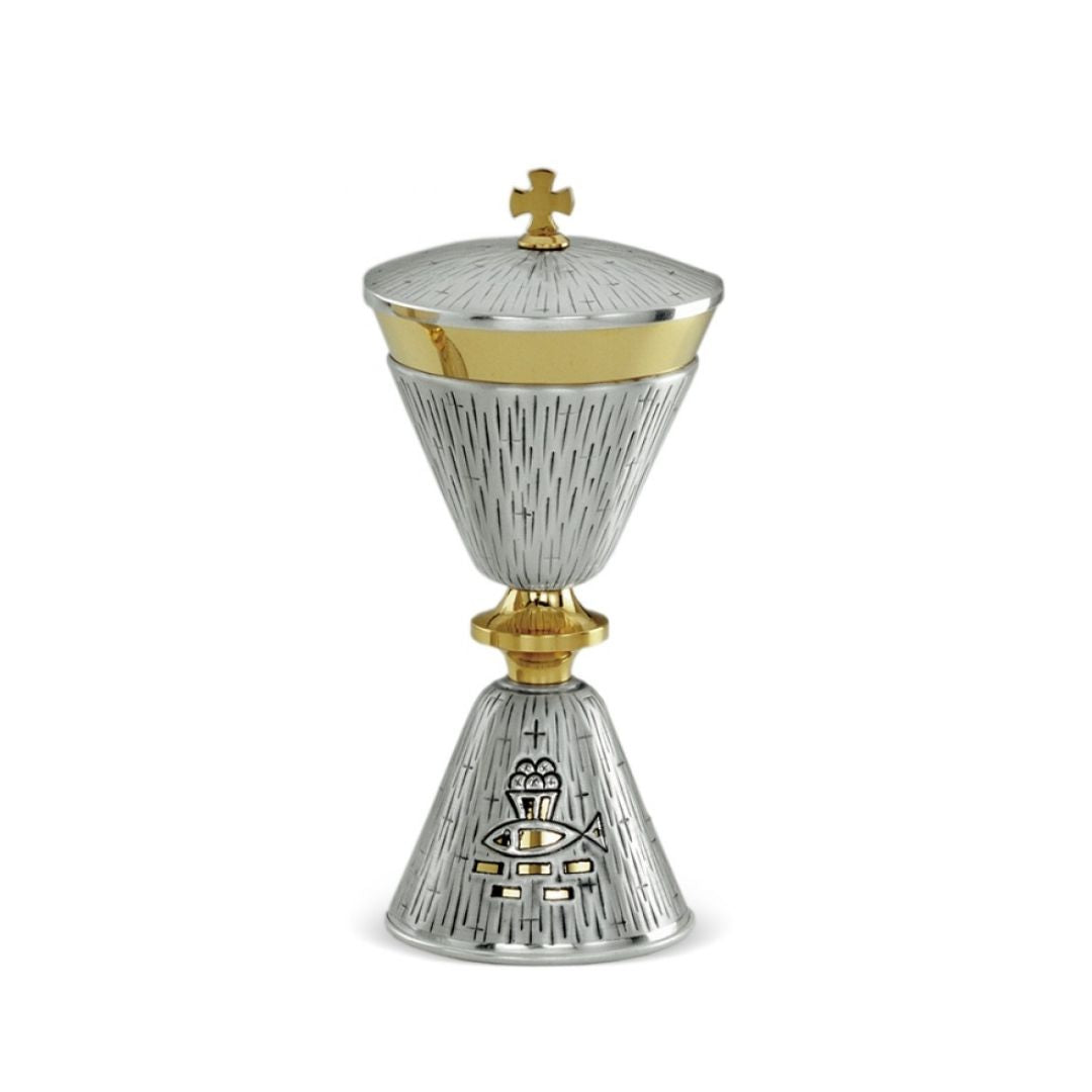 Classic ciborium with hand chiseld crosses and fish & loaves. Made in Italy and sold by The Clergy Store