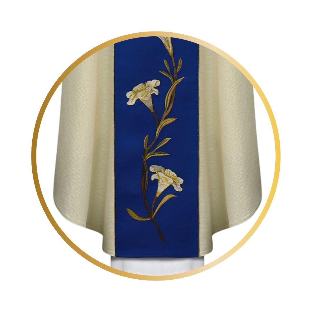 Our Lady of Perpetual Help chasuble with embroidered Lilly's on blue