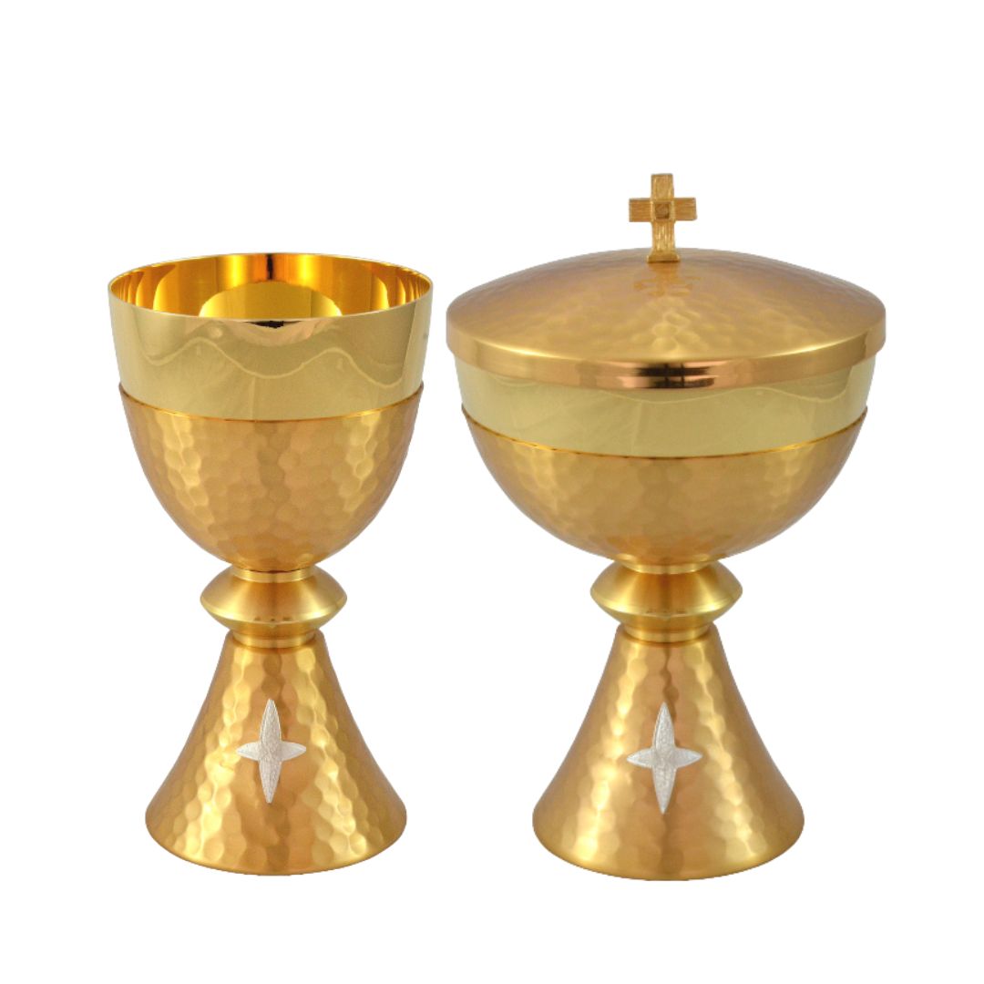 Chalice and Ciborium in Silver or Gold hammered finish with cross emblem. 24K Gold plated cup. Made in Italy