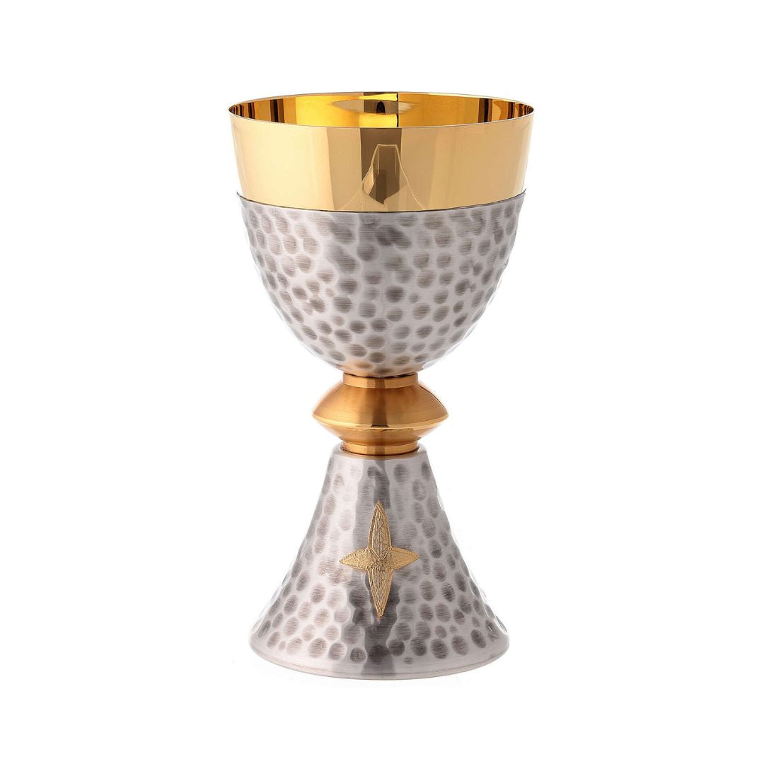 Chalice in Silver or Gold hammered finish with cross emblem. 24K Gold plated cup. Made in Italy