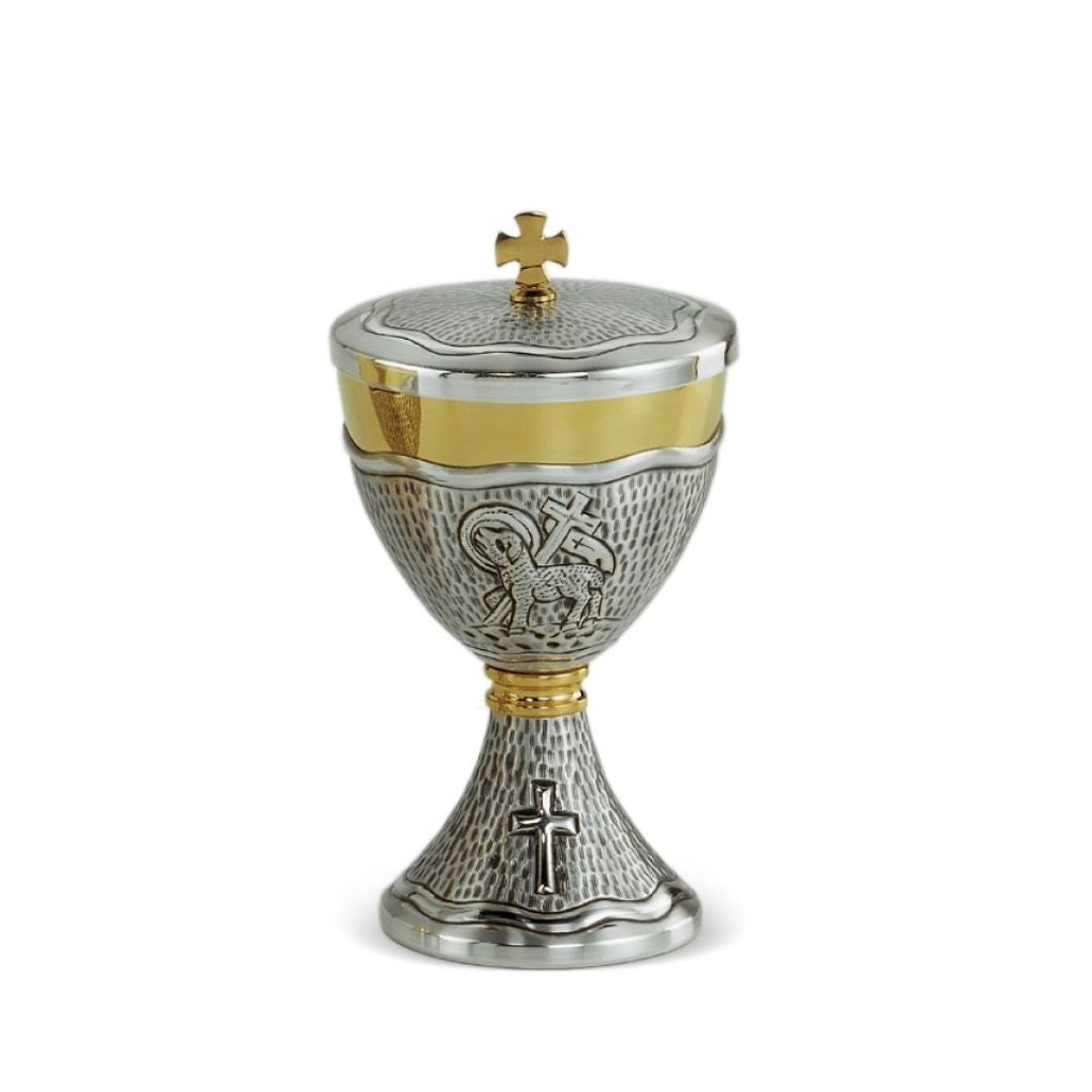 Classic two tone ciborium with the good shepherd and cross. Made in Italy and sold by The Clergy Store
