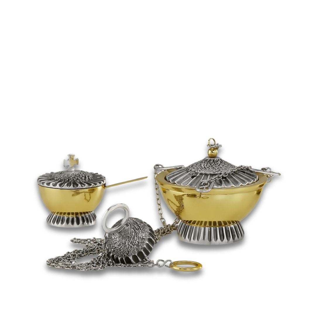 Incense set Thurible Boat & Spoon in Two Tone finish style 3131 Made in Italy and sold by The Clergy Store