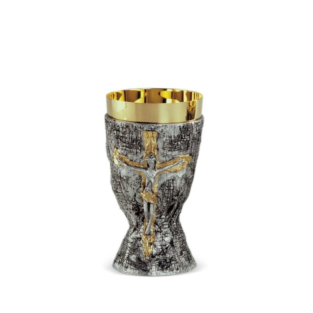 Contemporary chalice crucifixtion gold and silver two tone. Made in Italy and sold by The Clergy Store