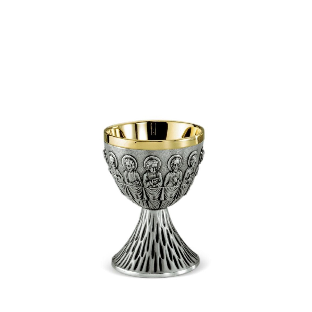 Silver chalice with hand chiseled images of the Apostles. Made in Italy and sold by The Clergy Store