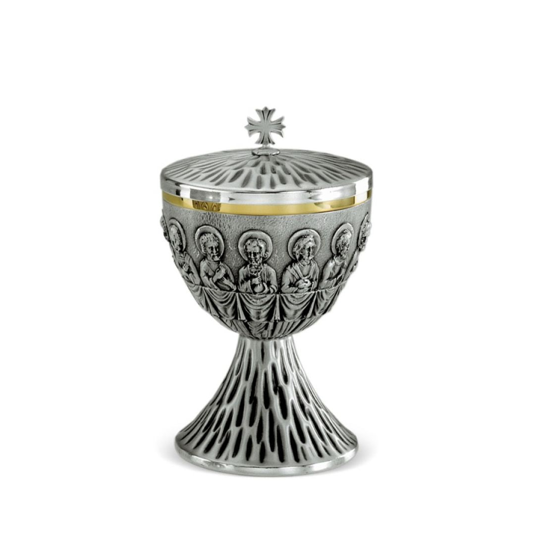 Ciborium with images of the 12 Apostles in silver. Made in Italy and sold by The Clergy Store