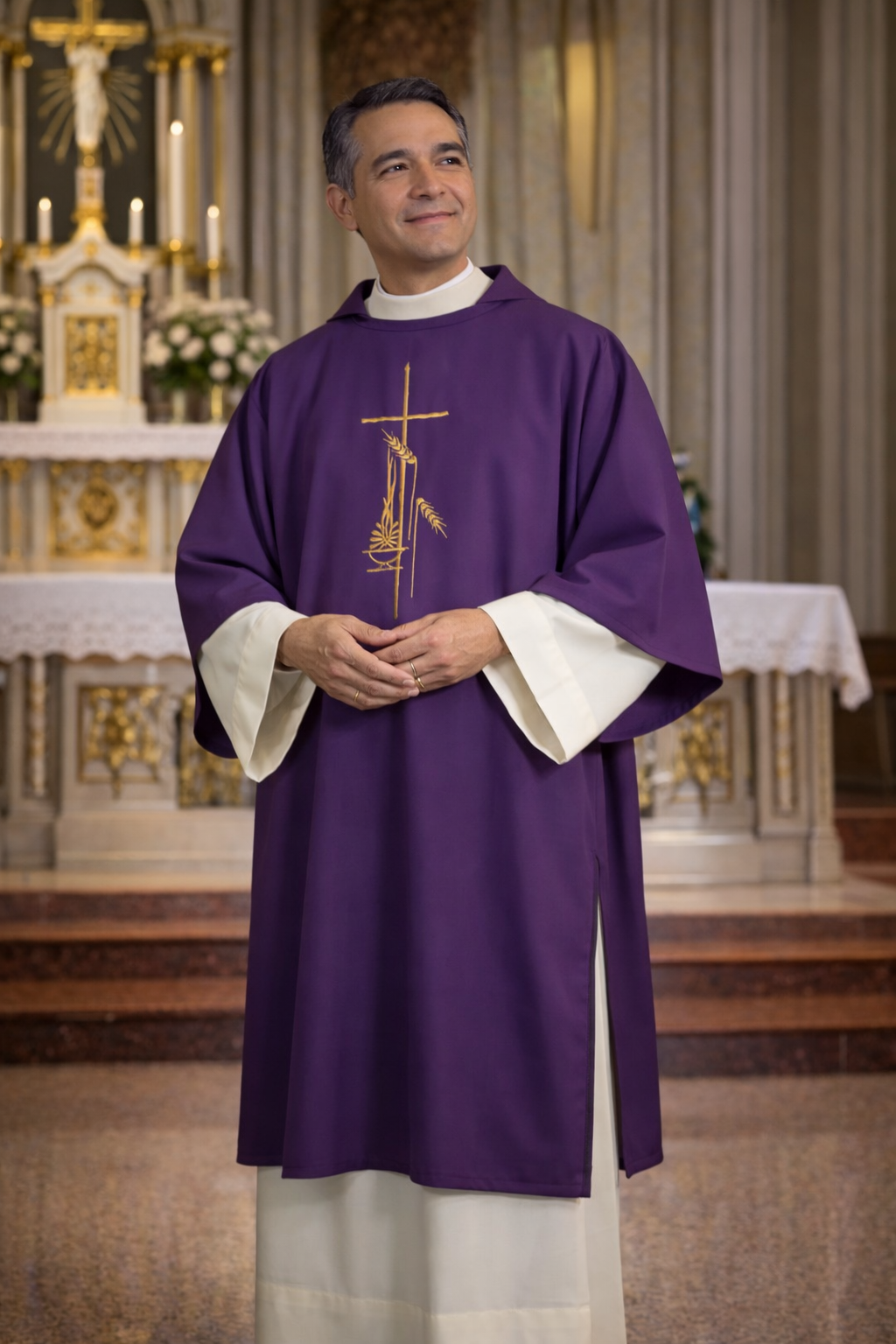 Deacon in purple vestment with cross design standing in a church.
