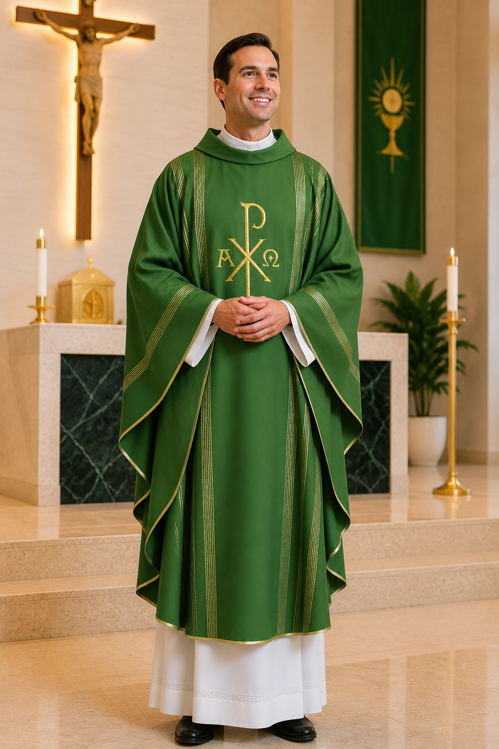 A man wearing a green liturgical vestment with gold trim and a white underlayer stands in a church setting with candles, a crucifix, and altar visible in the background.