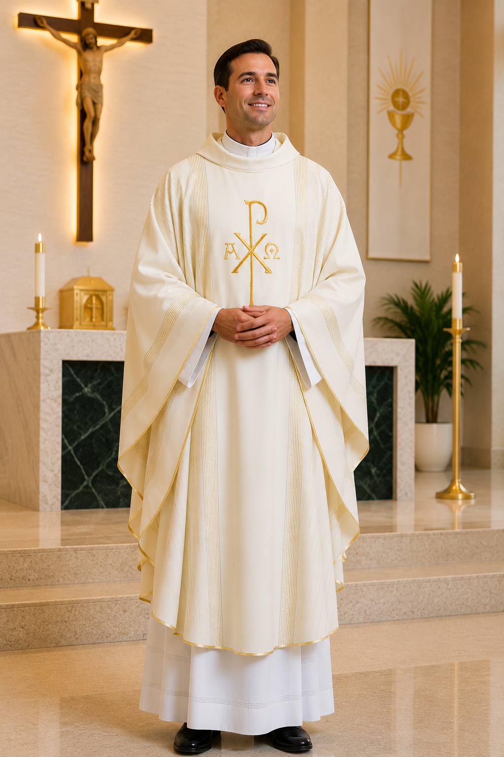 A man wearing a white and gold Catholic priest chasuble vestment stands in a brightly lit church sanctuary with a crucifix, altar, candles, and potted plants in the background.