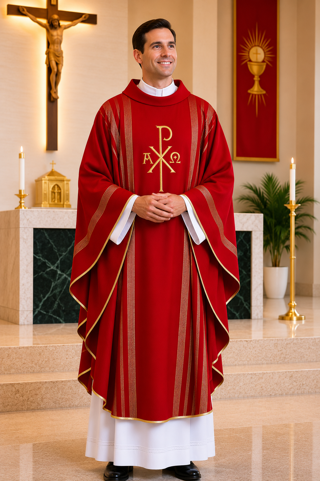 A man wearing a red and white liturgical vestment with gold trim and a Chi Rho symbol stands in a church setting with candles, a crucifix, and altar visible in the background.