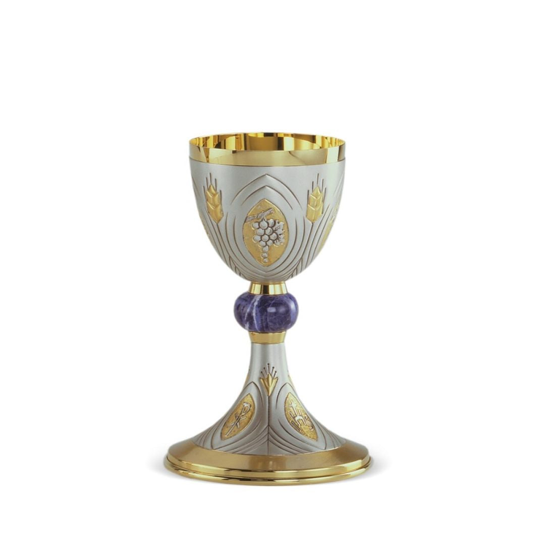 Chalice in two tone finish with grapes and ears of wheat and a precious stone node. Made in Italy and sold by The Clergy Store