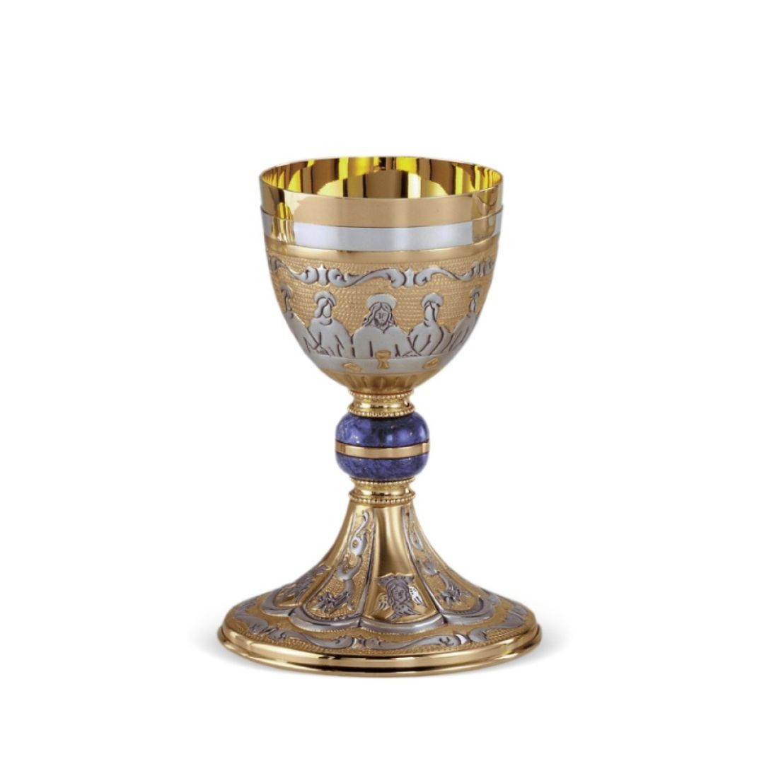 Chalice in two tone finish with Last Supper and a precious stone node. Made in Italy and sold by The Clergy Store