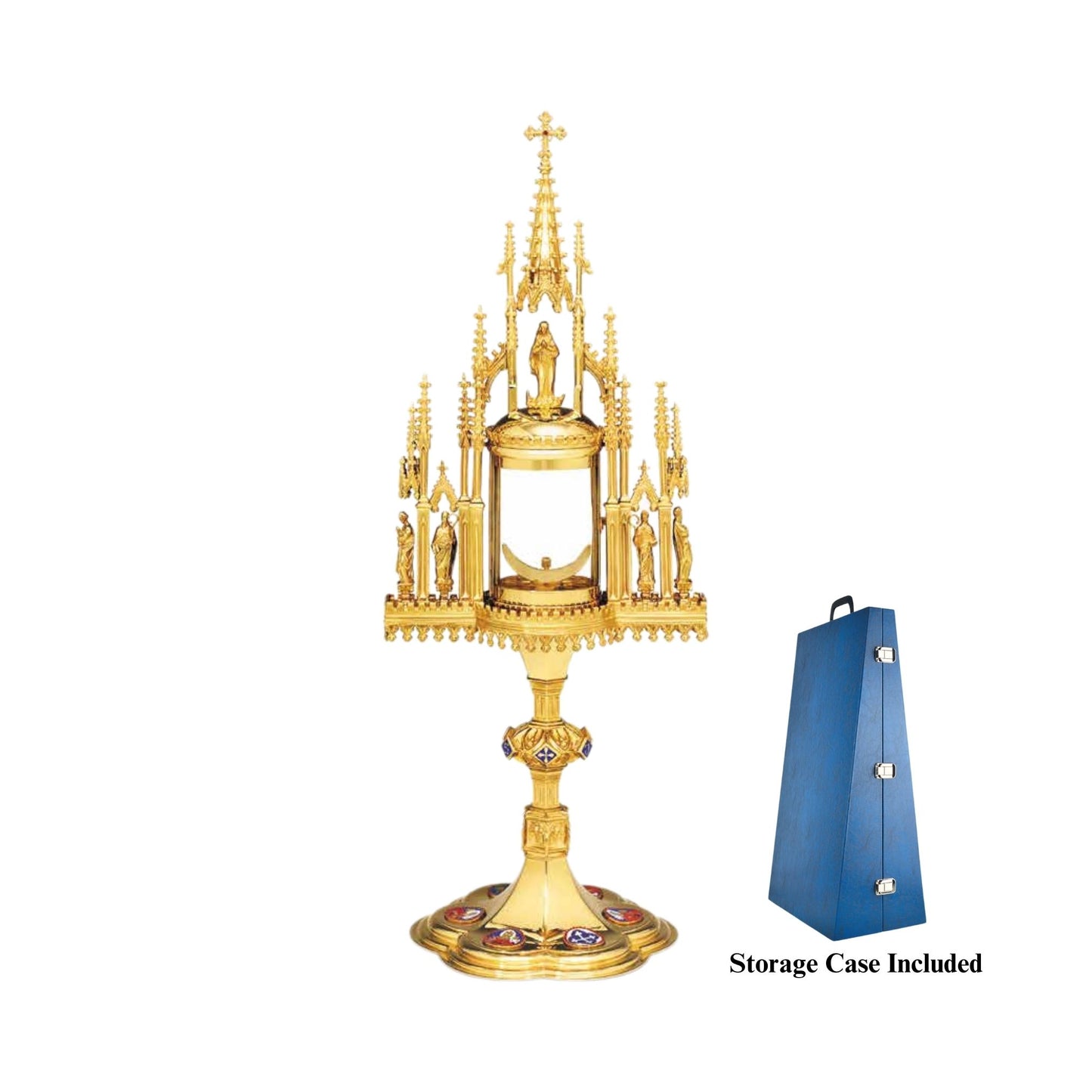 Neo-Gothic Monstrance with enameled medallions of the Four
Evangelists and figures of St. Mary and saints, 20½” Ht.; clip luna: 2¼”