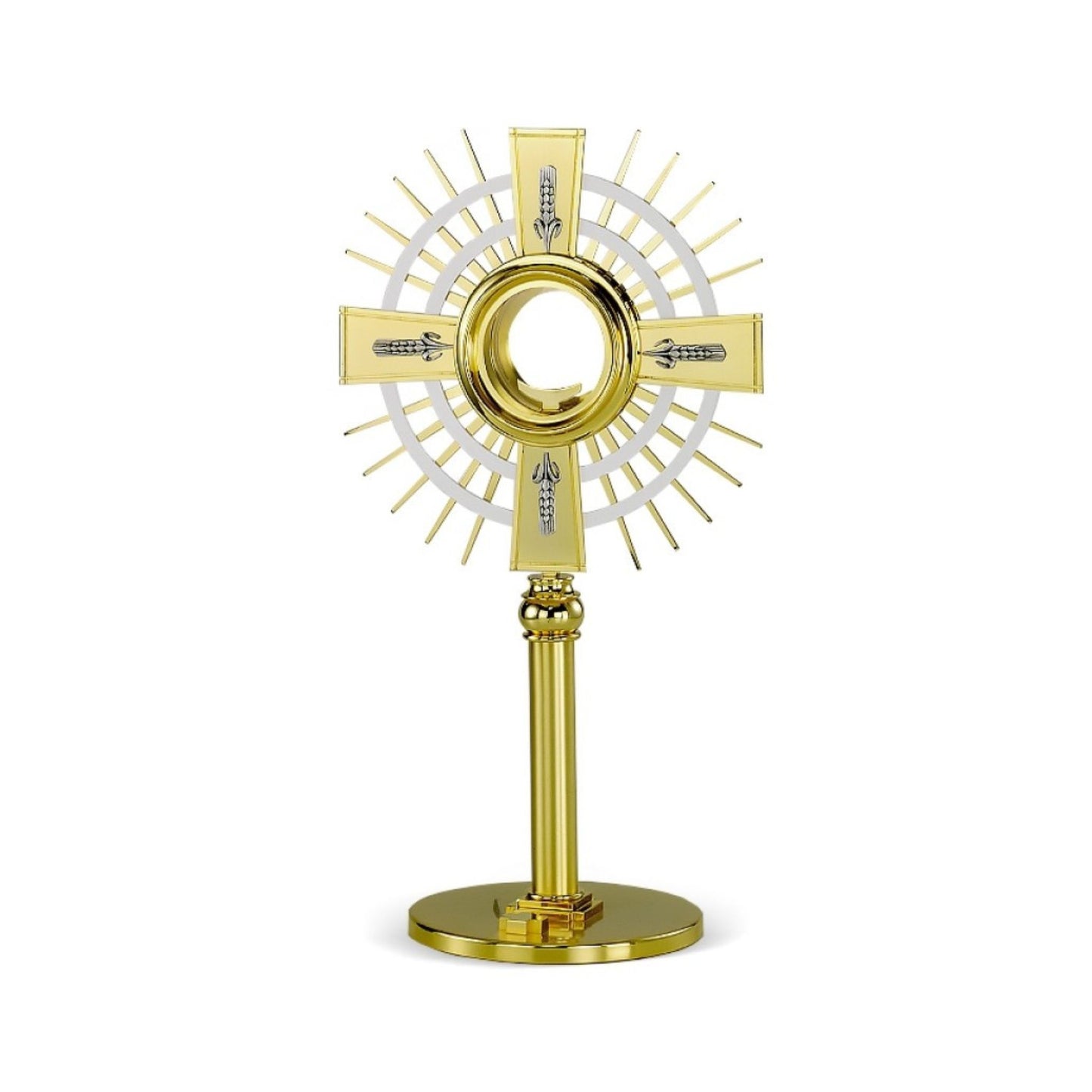 Monstrance with silver ears of wheat on a simplistic base. Made in Italy and sold By The Clergy Store
