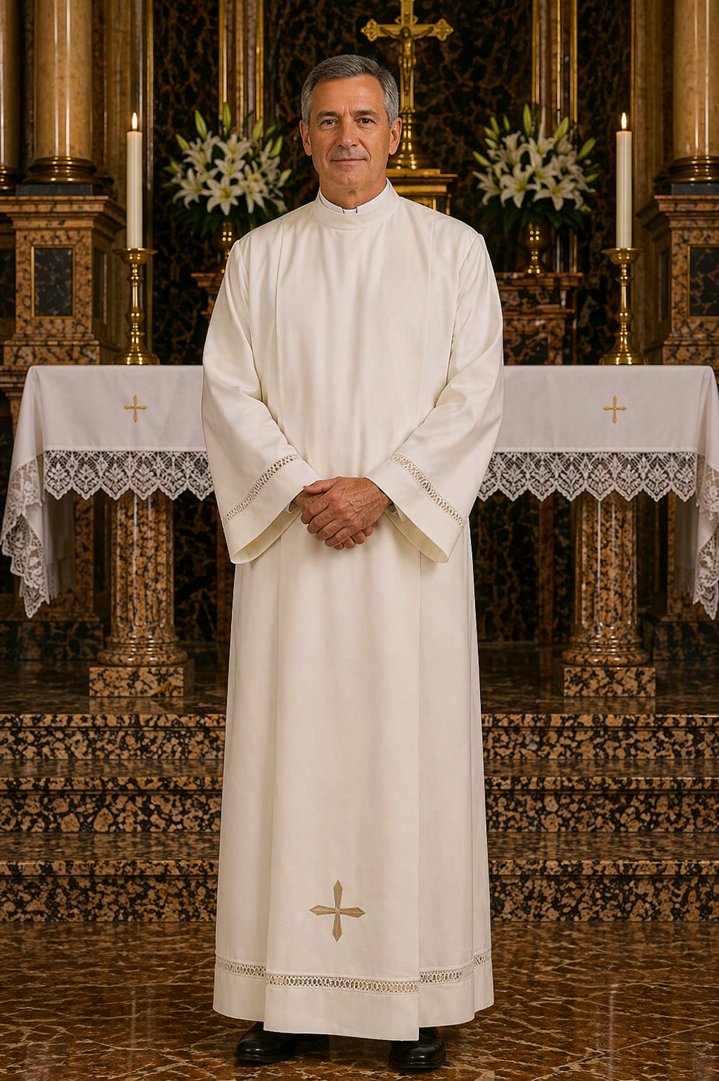 Clergy alb with machine embroidered hemstitch on the sleeve and bottom. Made of Wool blend. Zipper on the shoulder. Made in Italy and sold by The Clergy Store