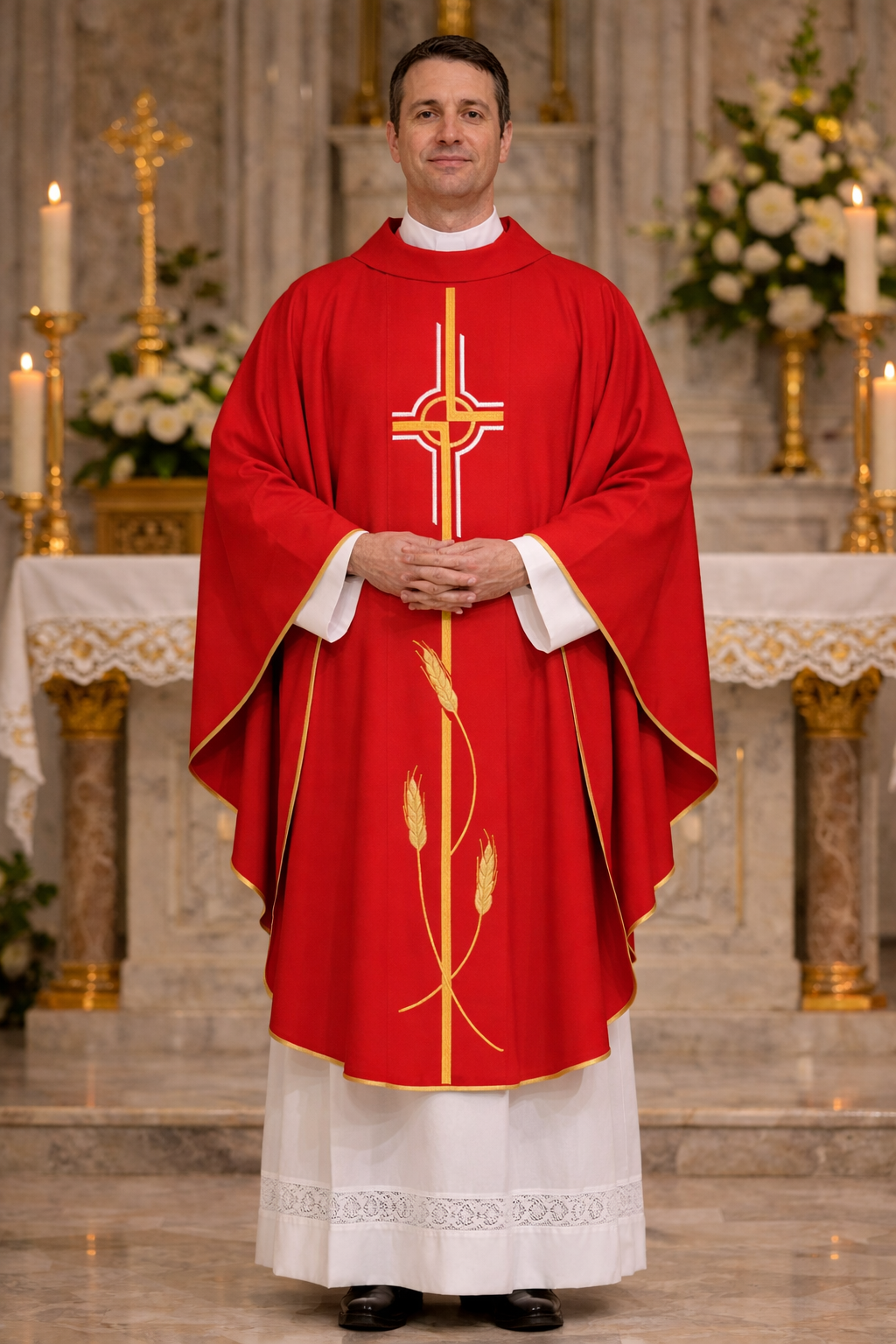 Gothic chasuble with Cipriano cross and wheat embroidery on 100% Wool. Made in Italy and sold by The Clergy Store