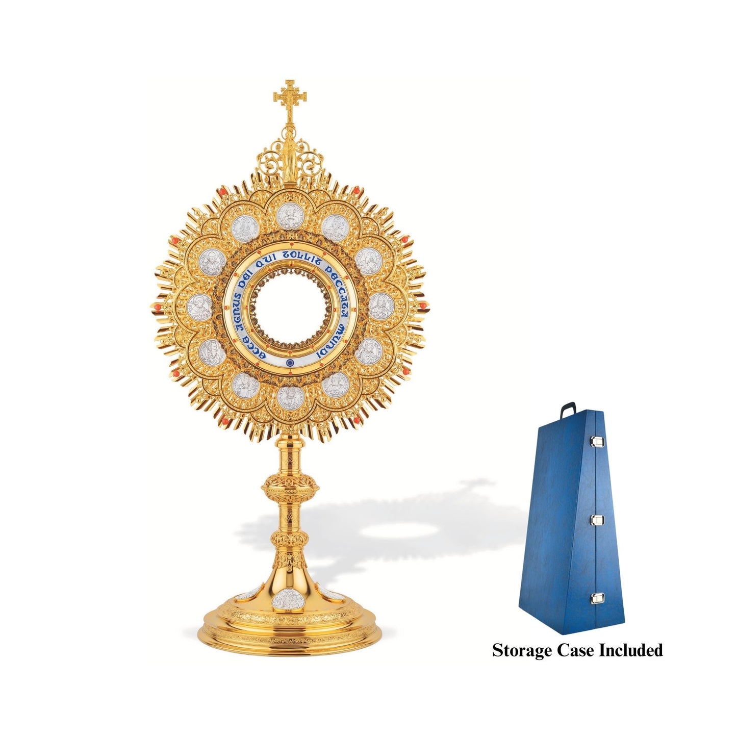 Traditional Monstrance with medallions of the Twelve Apostles and
Latin inscription: “ECCE AGNUS DEI QUI TOLLIT PECCATA MUNDI”;
medallions with scenes from the Bible on base. Made in Poland and sold by The Clergy Store