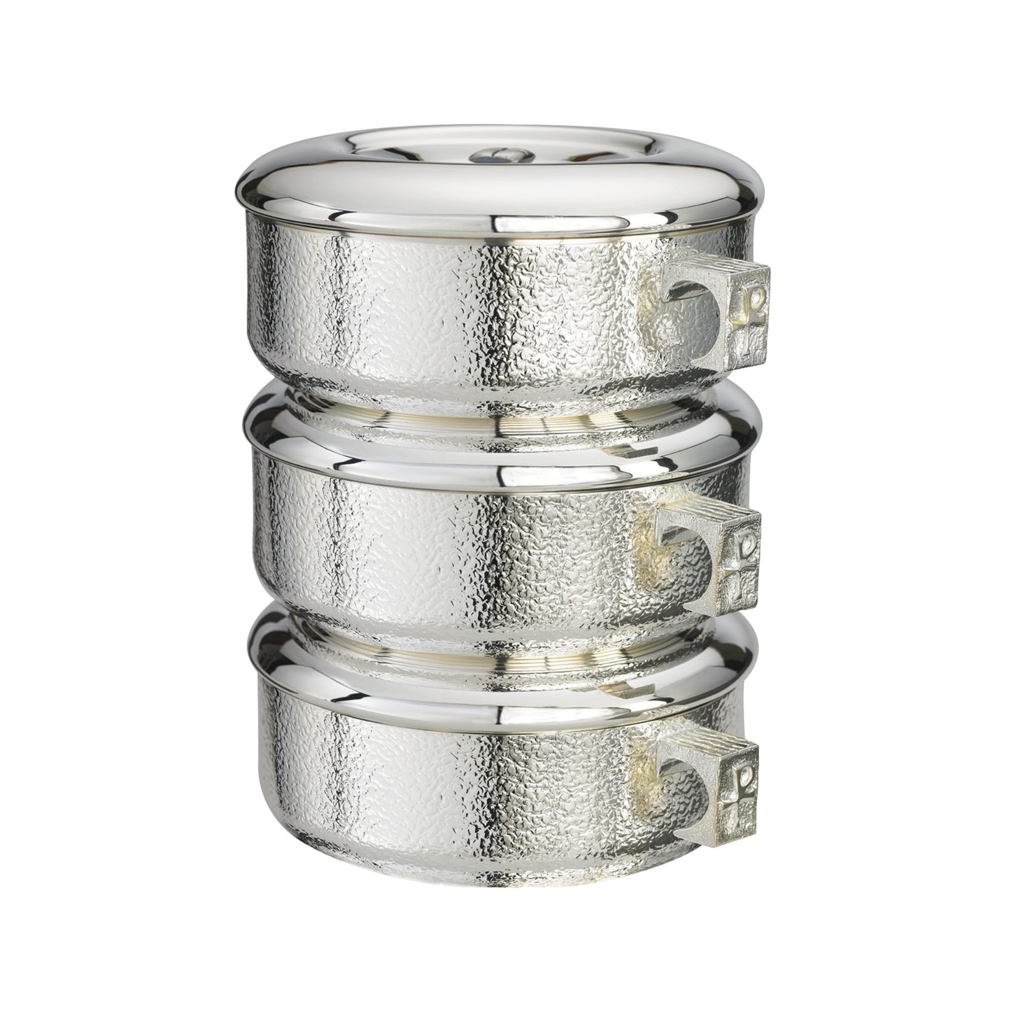 Gold or silver plated stacking ciboria designed for Catholic liturgical use and the reverent distribution of the Blessed Sacrament.