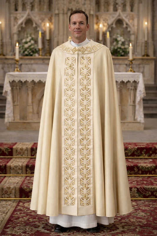Priest in ornate liturgical vestment standing in a church setting with an altar in the background.