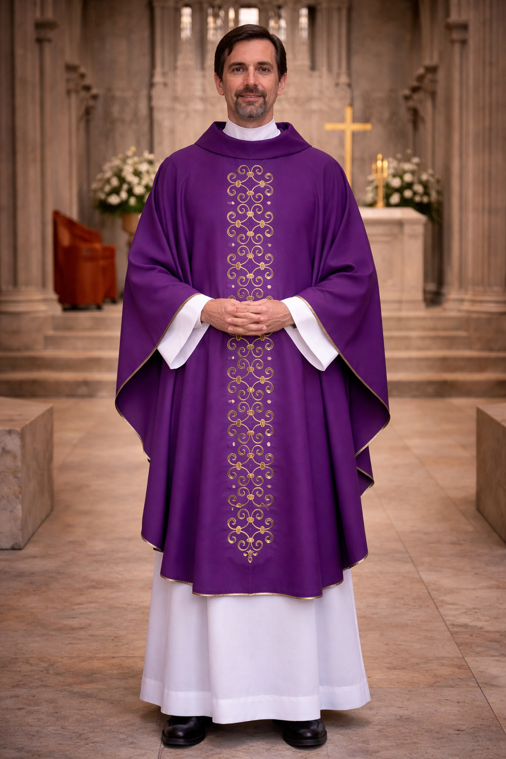 Priest wearing a purple liturgical vestment with gold embroidery in a church setting.