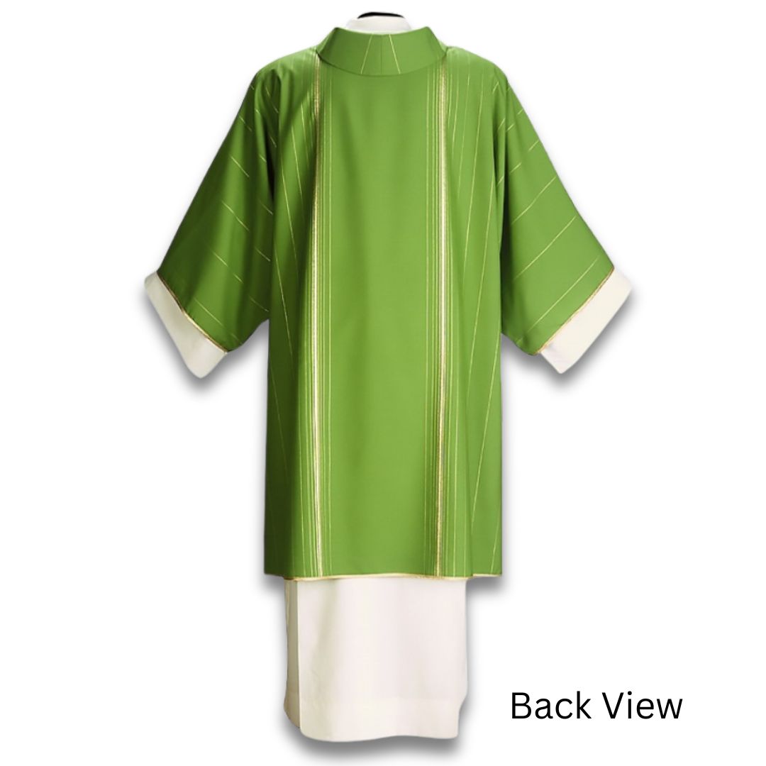 Dalmatic green Italian jacquard wool lurex. Made by Desta and sold by The Clergy Store