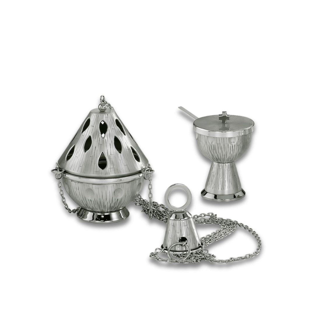 Incense set Thurible, Boat & Spoon in silver style 576 Made in Italy and sold by The Clergy Store