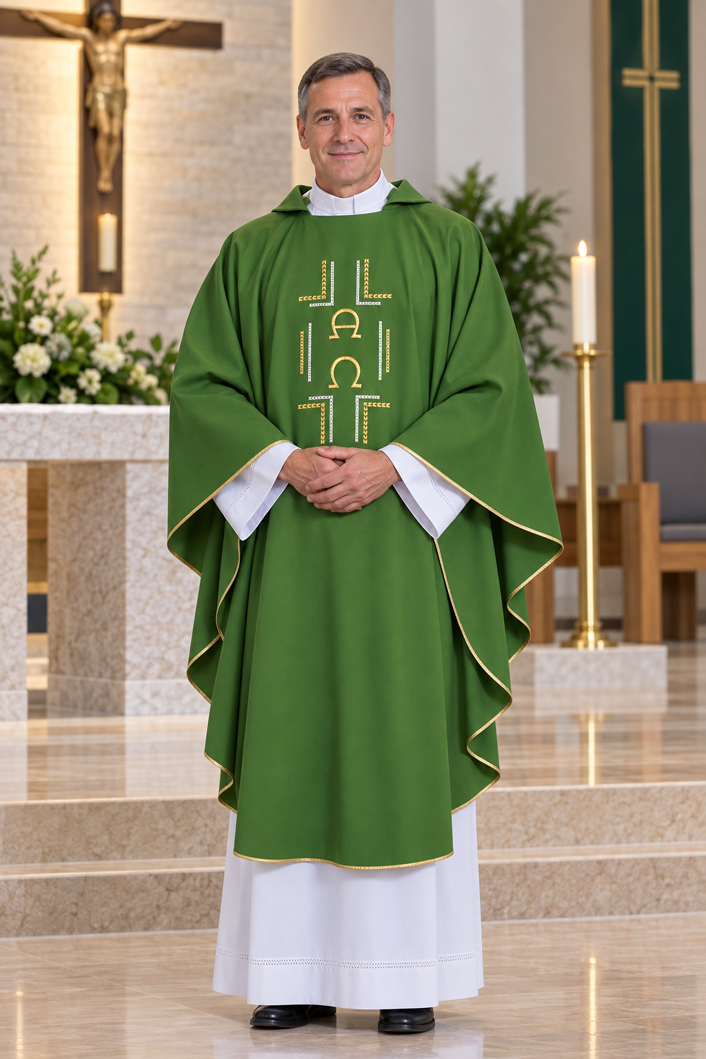 A man wearing a green liturgical vestment with gold embroidered symbols and white sleeves, standing in a church setting with candles, a crucifix, and stone steps in the background.