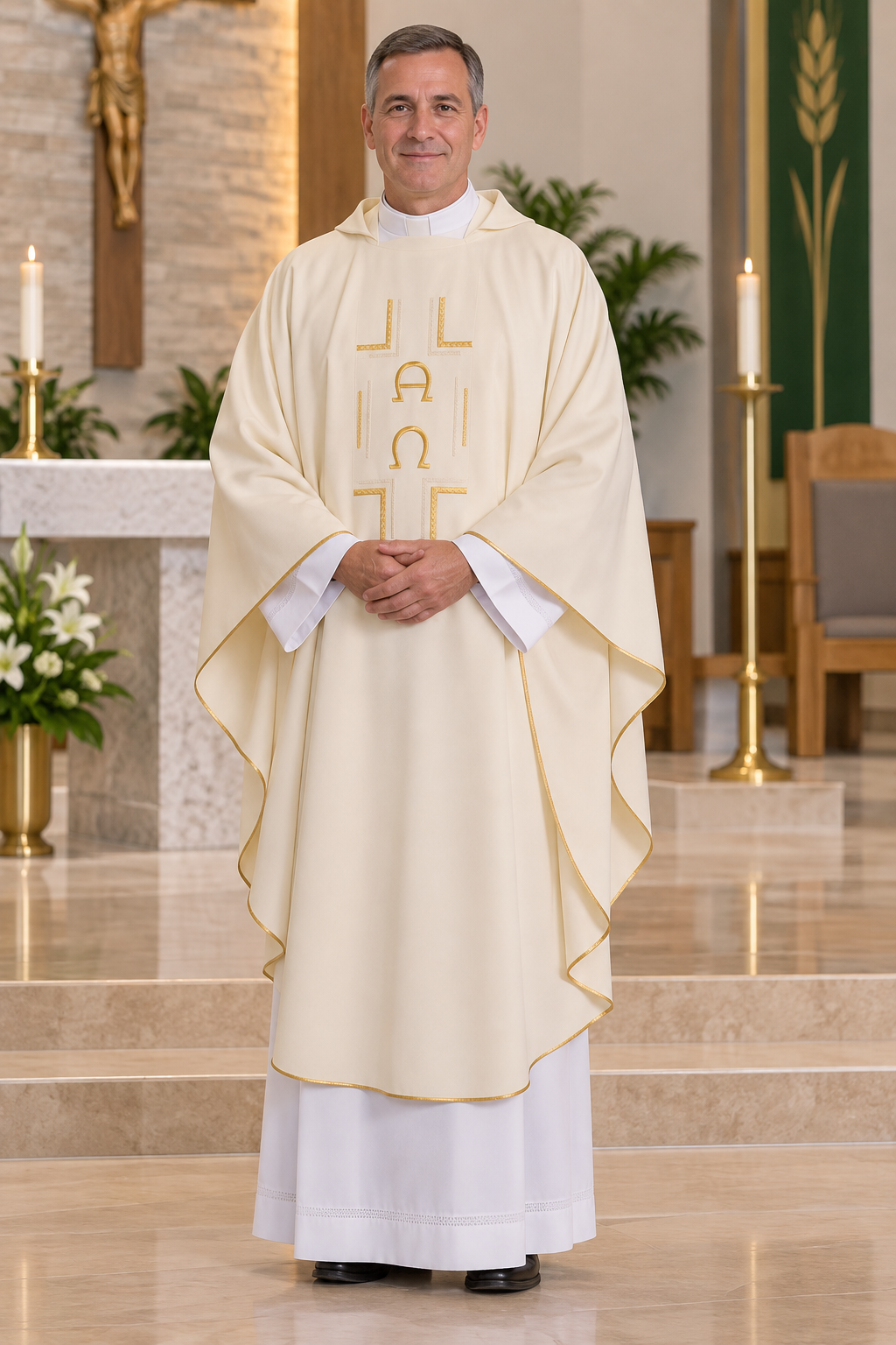 A man wearing a cream-colored liturgical vestment with gold embroidery and white undergarments, standing in a church setting with candles and a altar in the background.