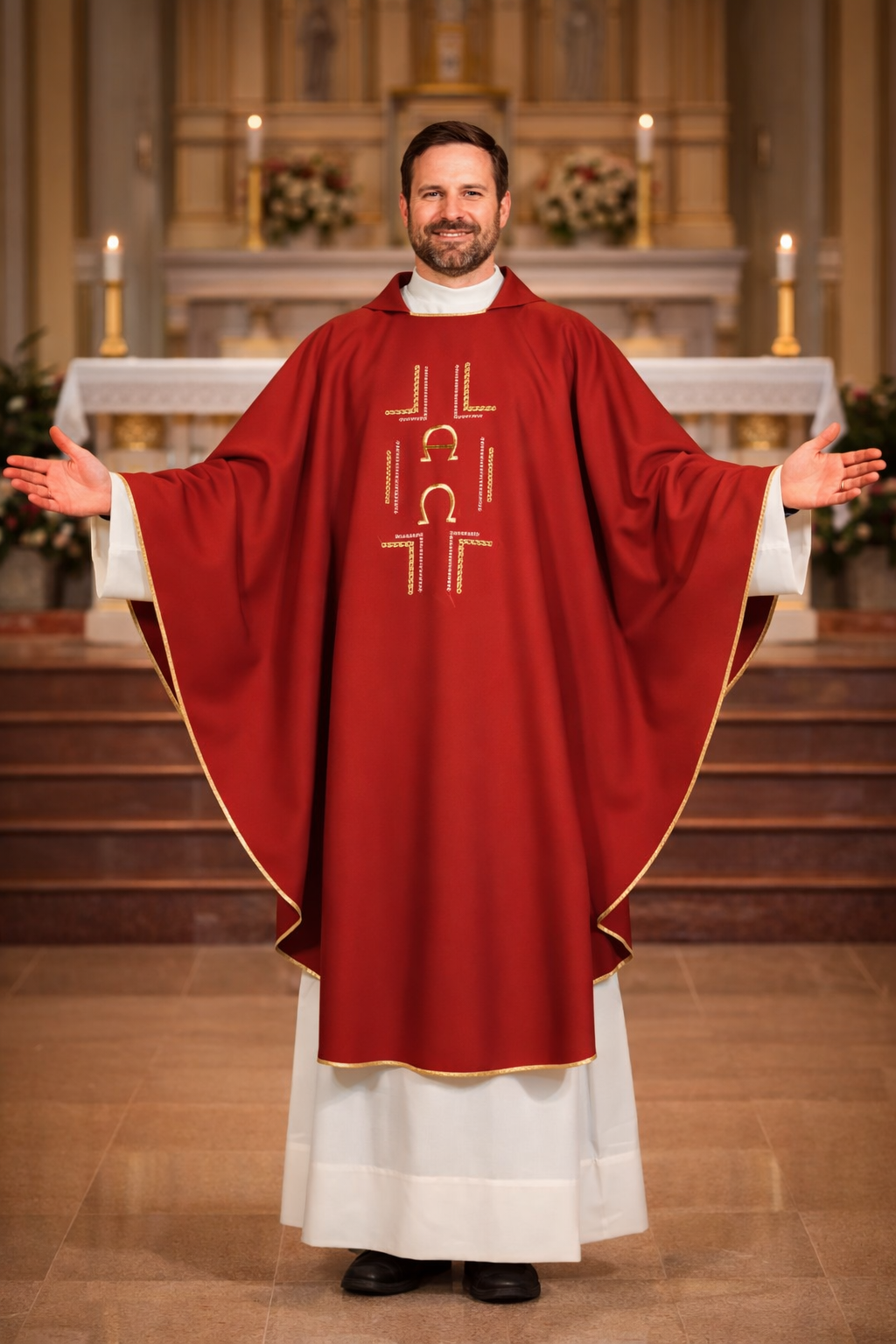 Priest in red liturgical vestment with church interior background