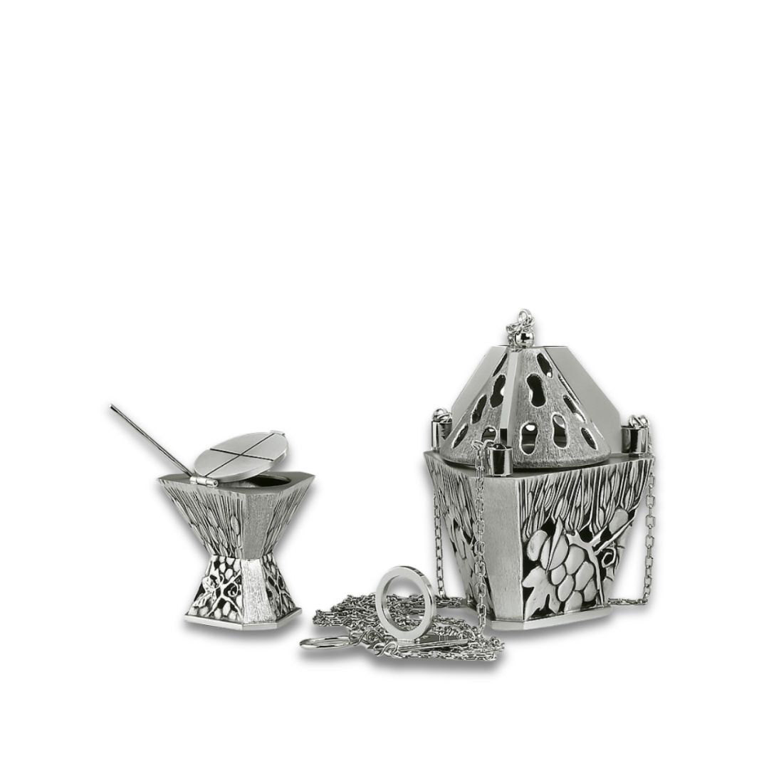 Incense set Thurible, Boat & Spoon in silver style 581 Made in Italy and sold by The Clergy Store