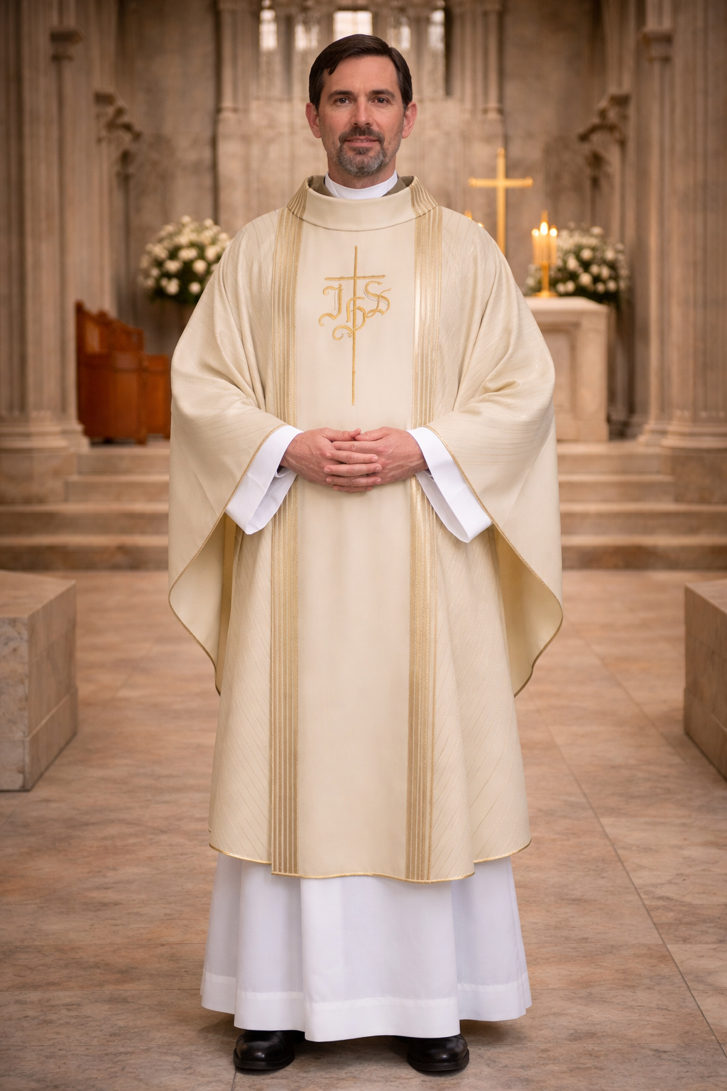 Priest in liturgical vestments standing in a church interior.