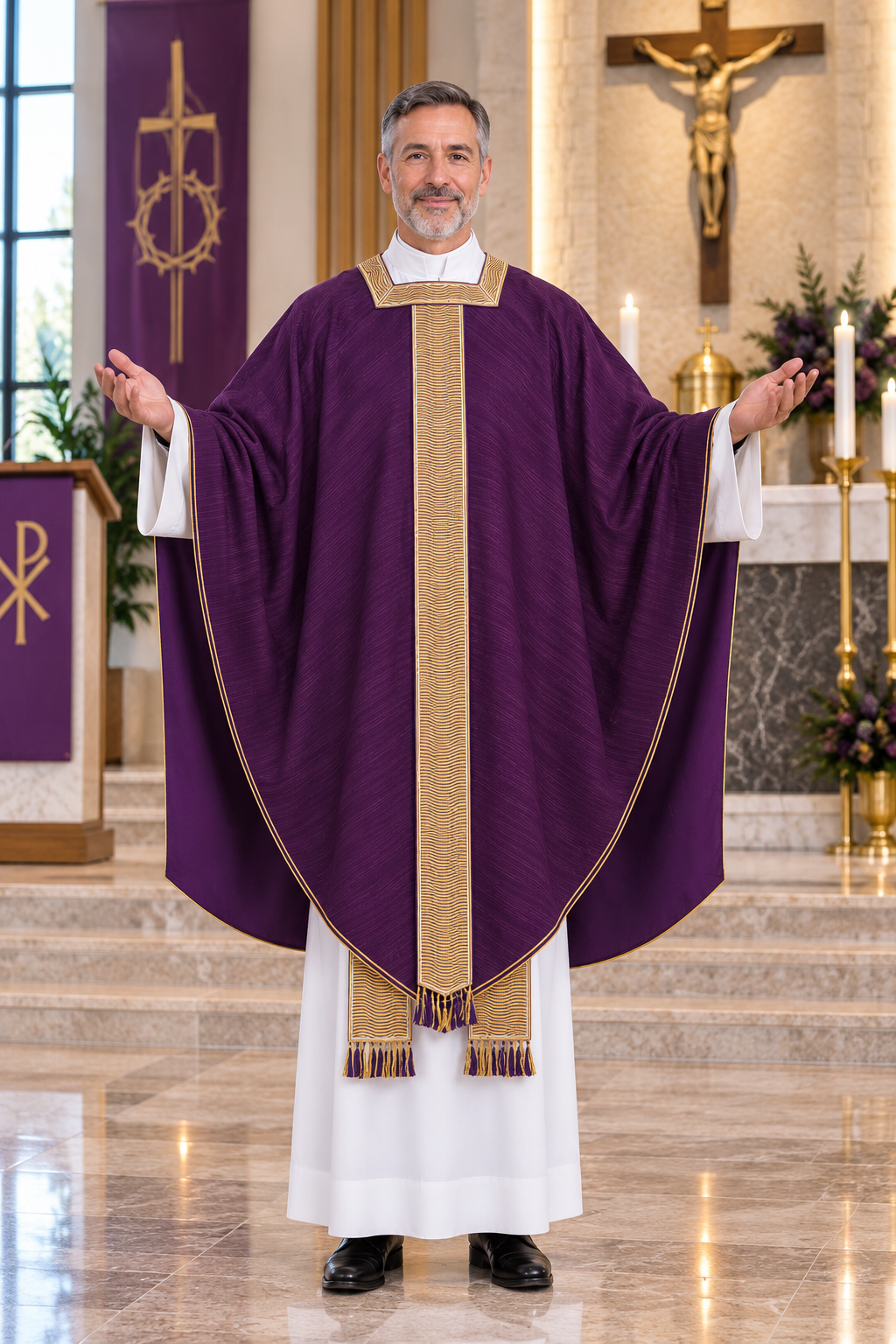 A man wearing a purple and gold liturgical vestment stands with arms outstretched in a church setting.