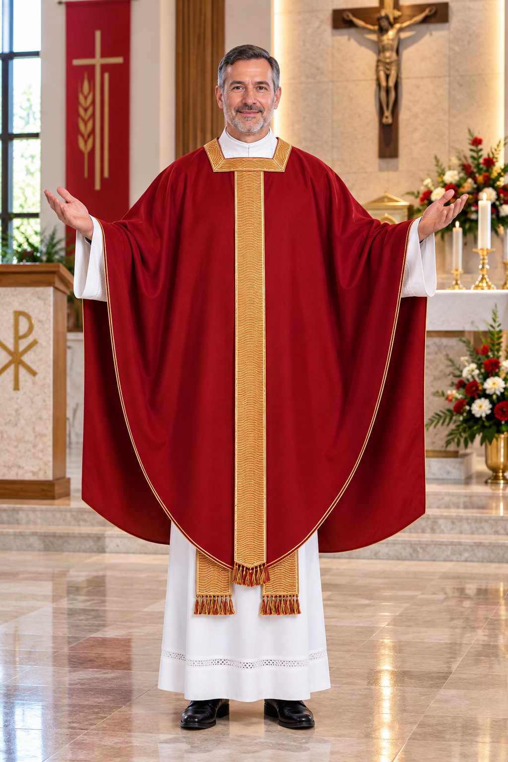 A man wearing a red and gold liturgical vestment stands with arms outstretched in a church setting, with a crucifix, flowers, and altar visible in the background.